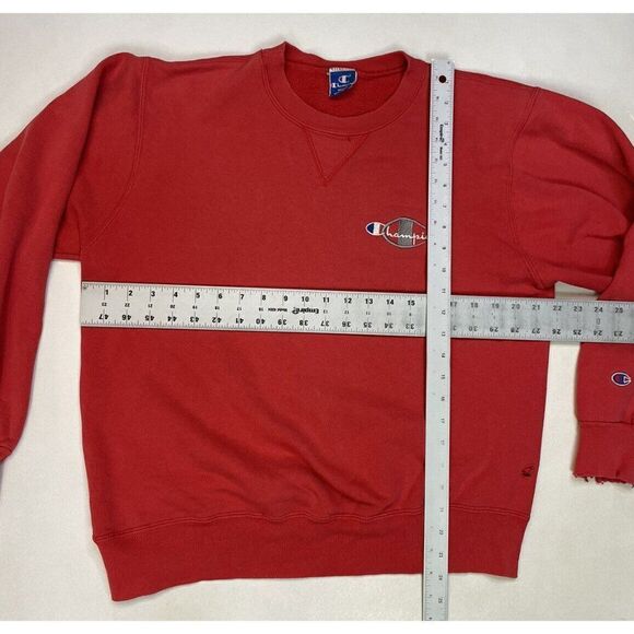 VINTAGE Champion Logo Embroidered Sweatshirt Men Medium Red Distressed USA 90s - Picture 9 of 9